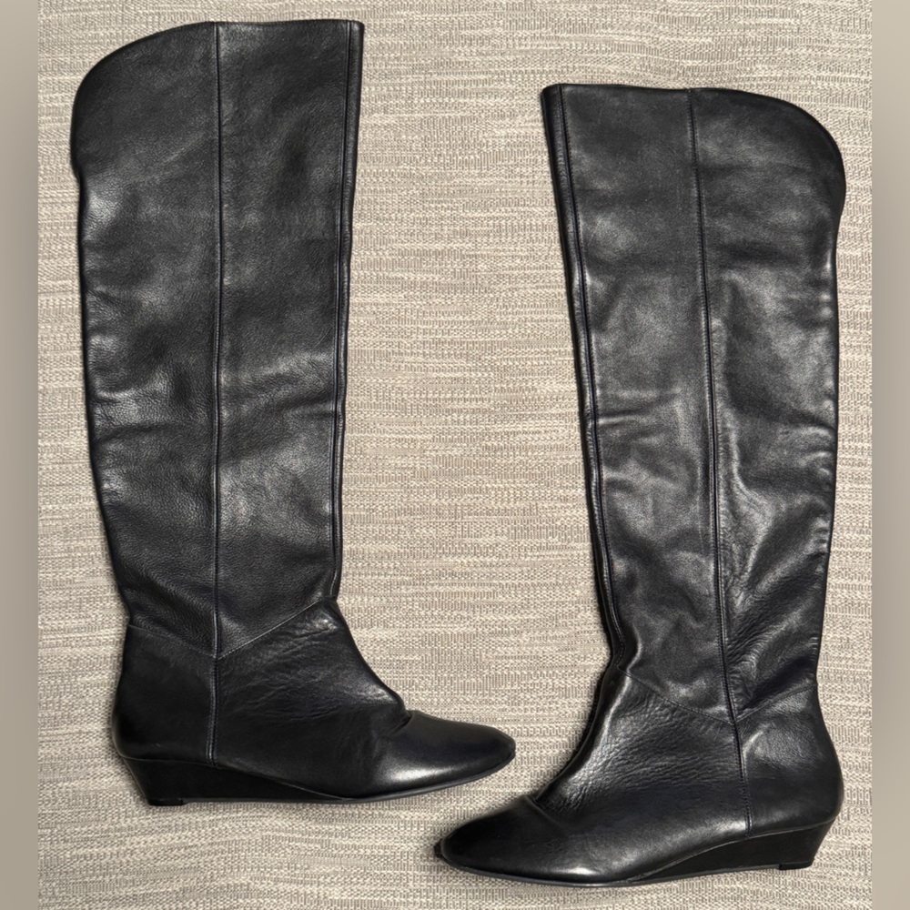 Steve Madden Black Leather Knee-High Wedge Boots Size 7.5